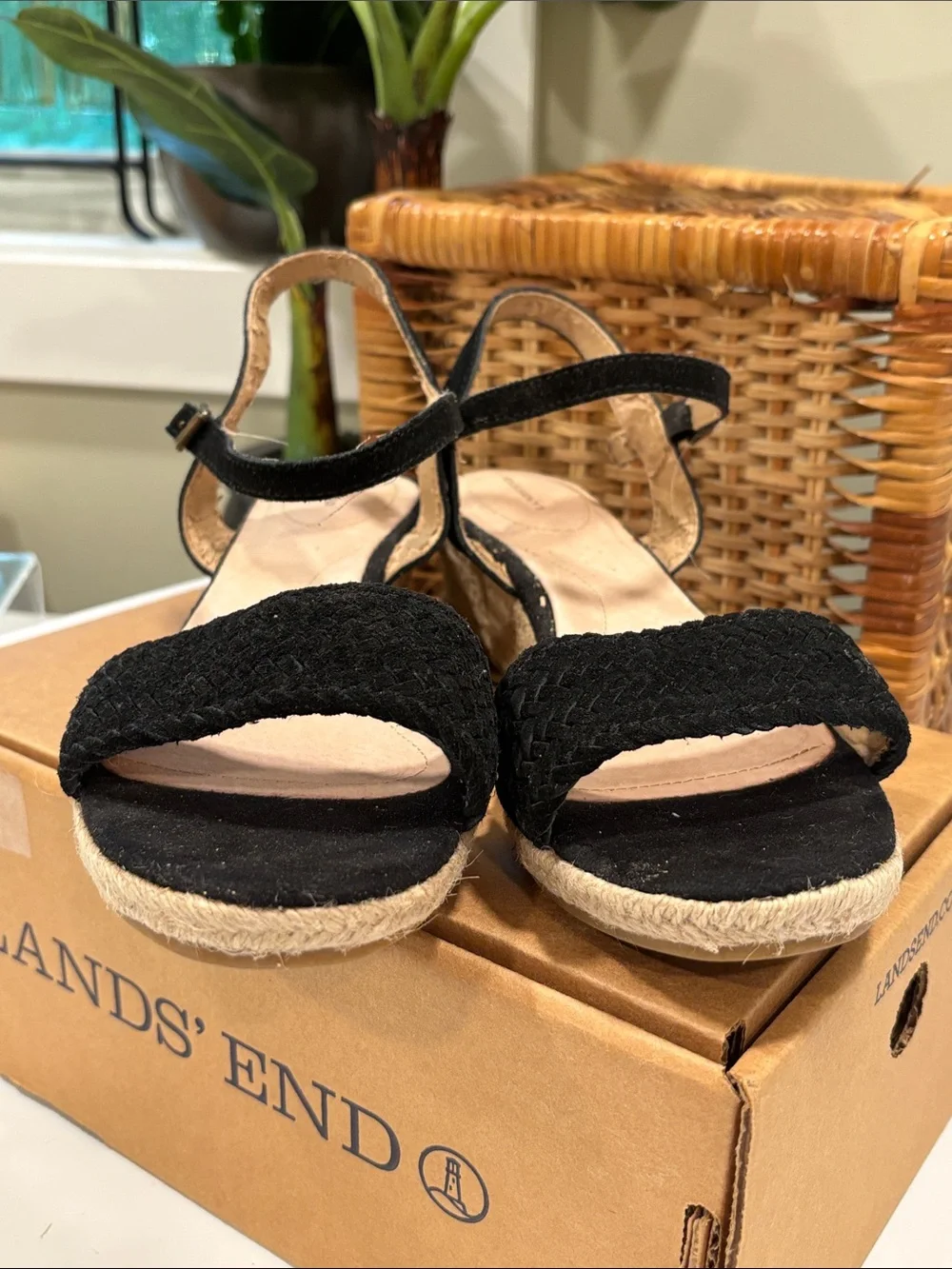 Lands' End Pippa Braided Suede Espadrille Wedge Sandals in Black